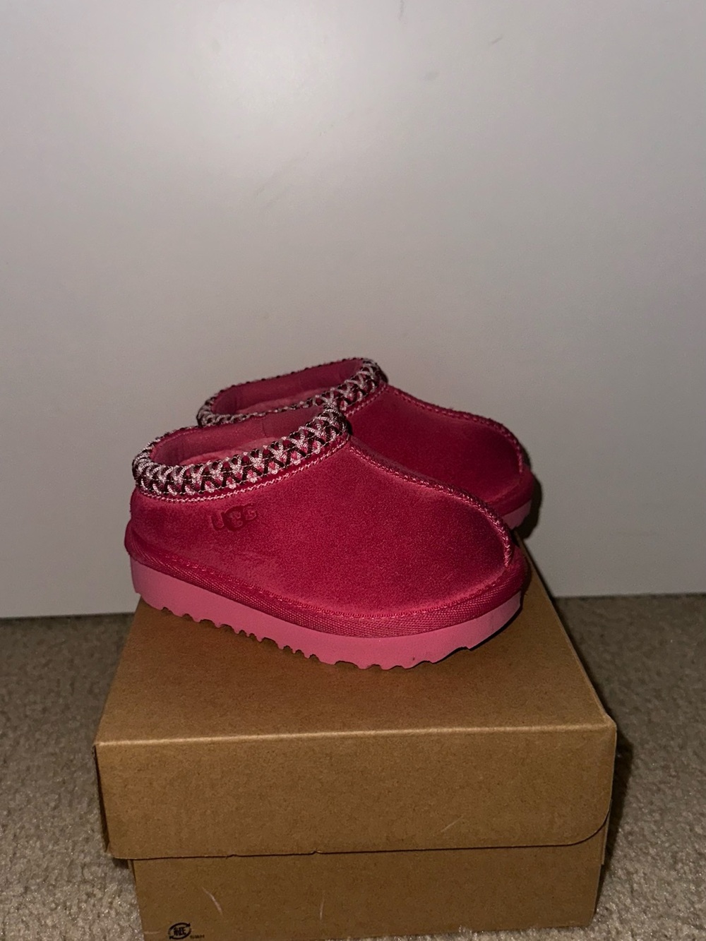 UGG Kids Hot Pink Suede Slip-On Clog with Braided Trim